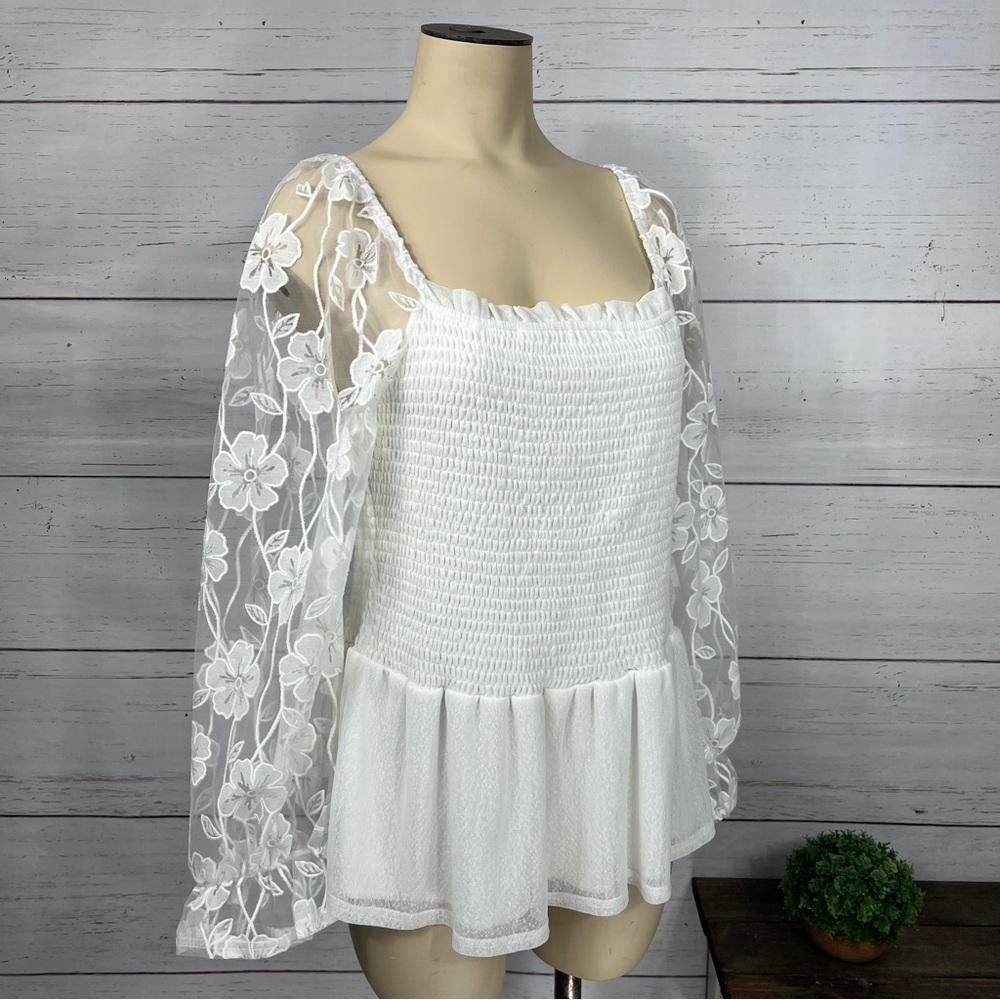 EMBER Boho White Long Floral Sleeve Square Neck Smocked Blouse, Size L
